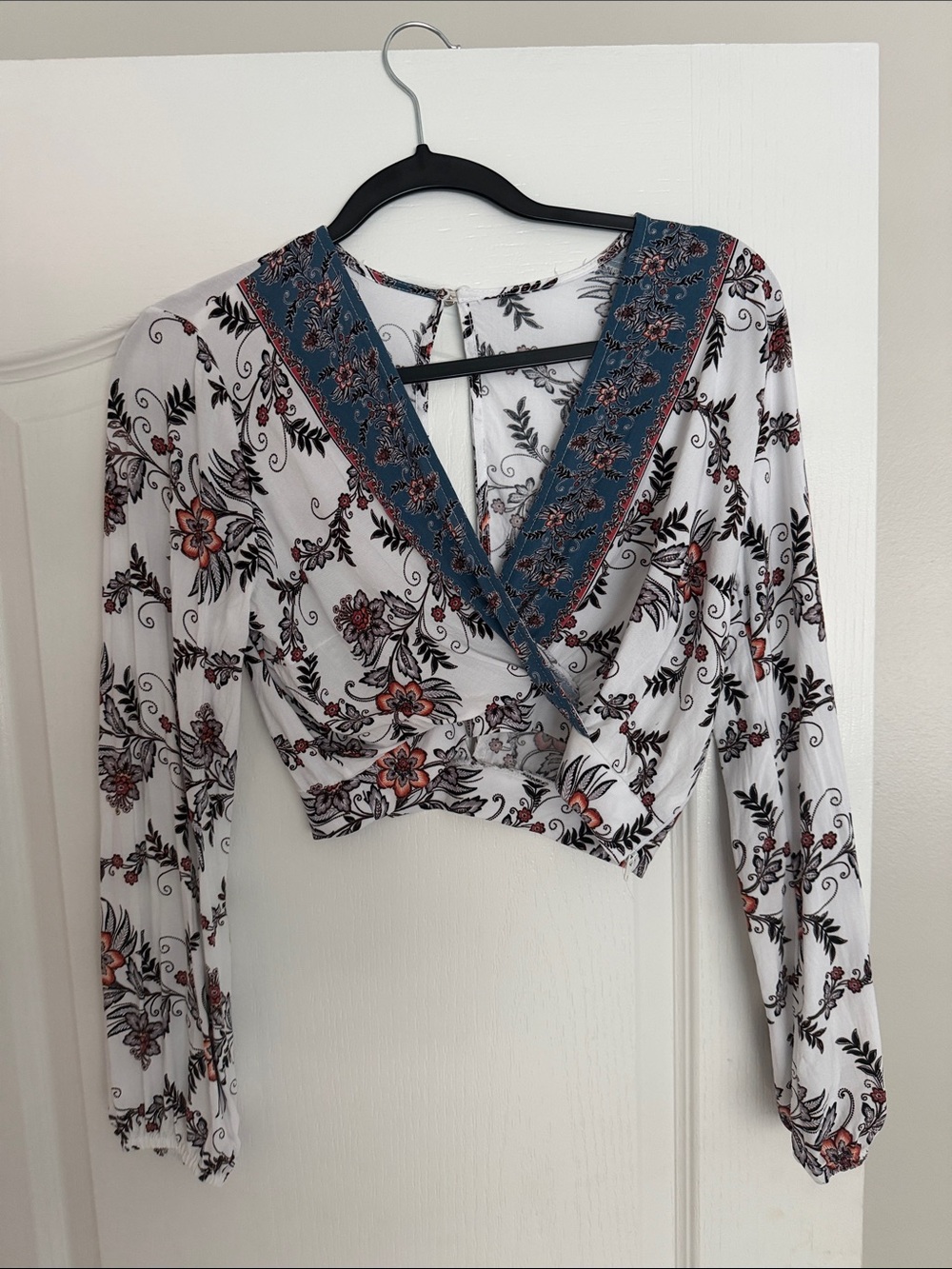 Floral Wrap-Front Long Sleeve Top in White and Teal